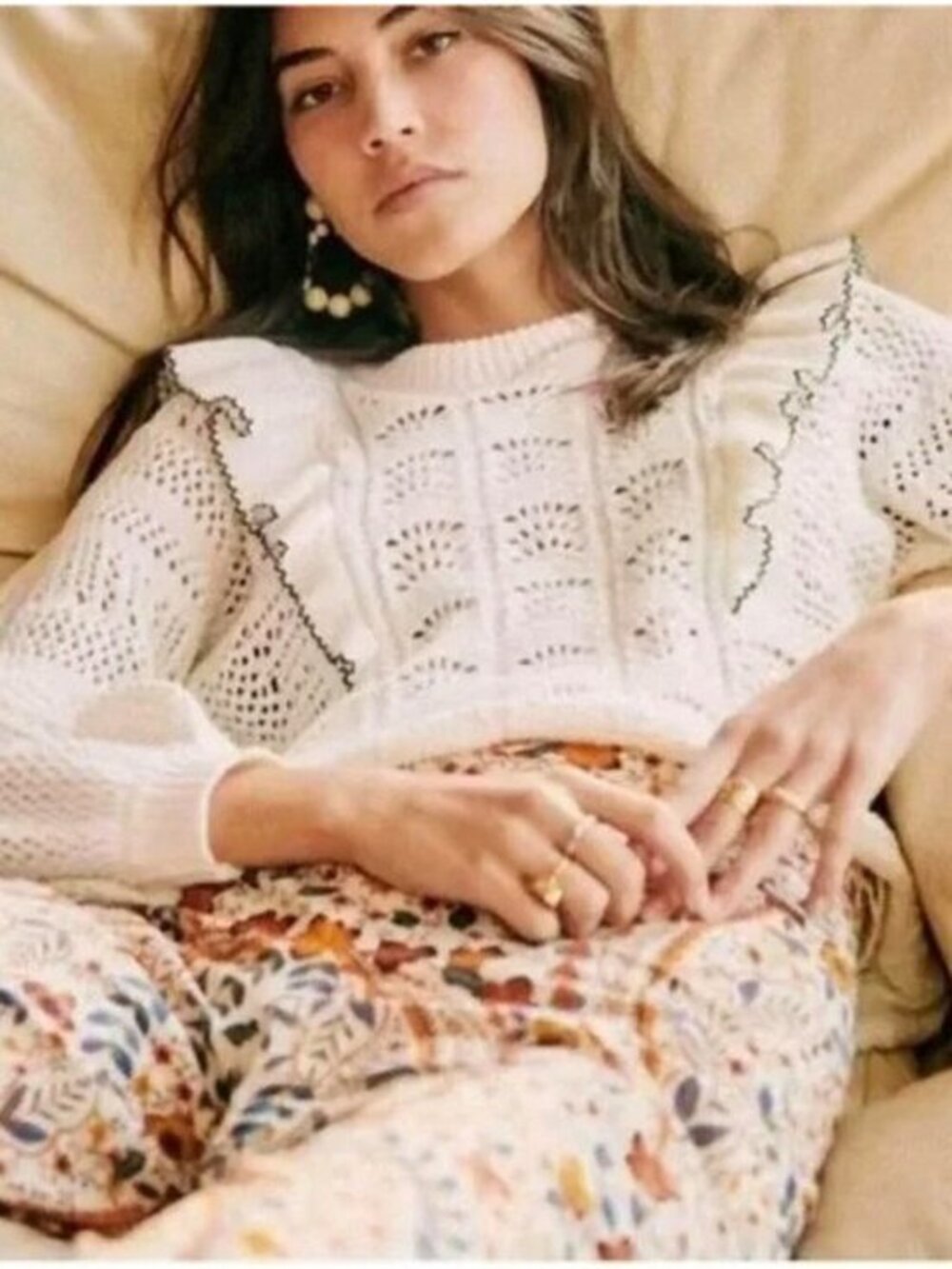 New Sezane Jodie Cotton Blend Crochet Ruffle Trim Sweater Ecru XXL